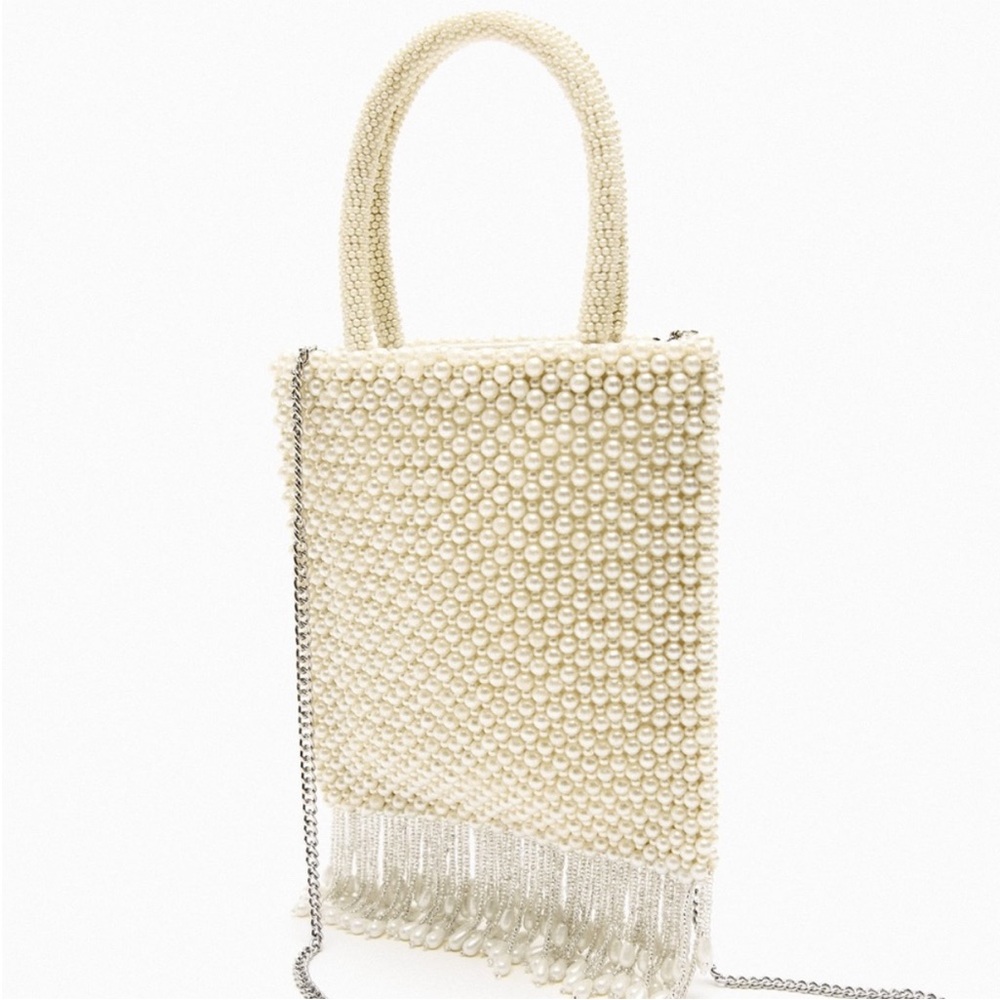 Zara Pearls Elegant Cream Beaded Handbag tassel